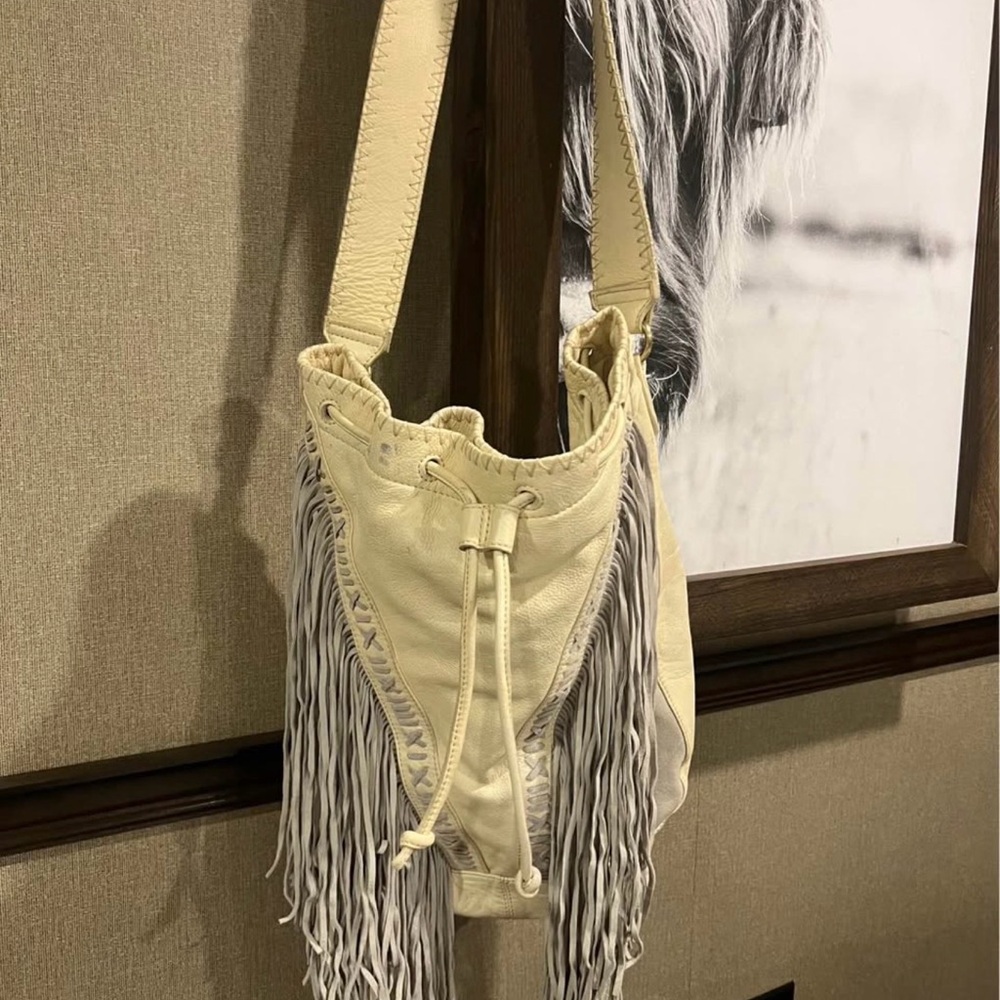 Free People Cream Leather Fringe boho purse